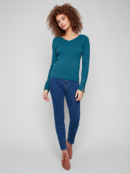 Ribbed Knit V-Neck with Heart Rivets