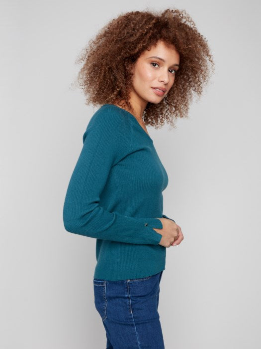 Ribbed Knit V-Neck with Heart Rivets