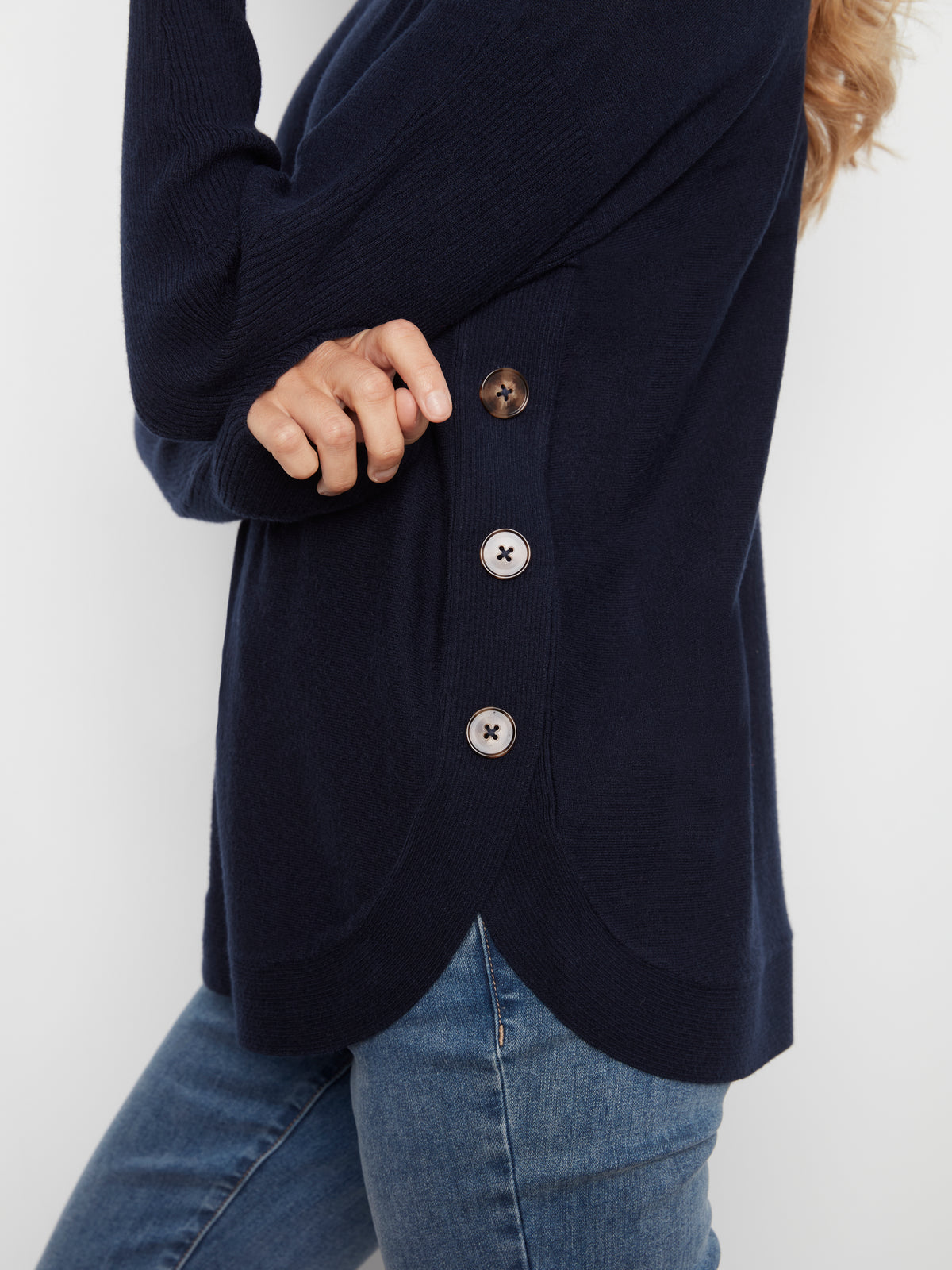Boat Neck Sweater with Side Buttons - Navy