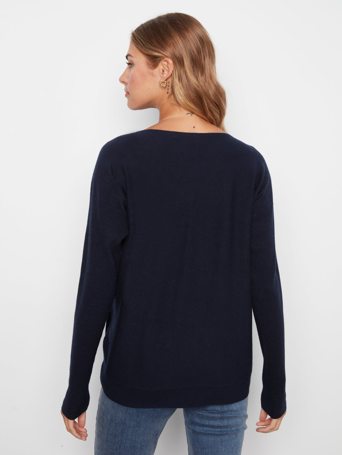 Boat Neck Sweater with Side Buttons - Navy