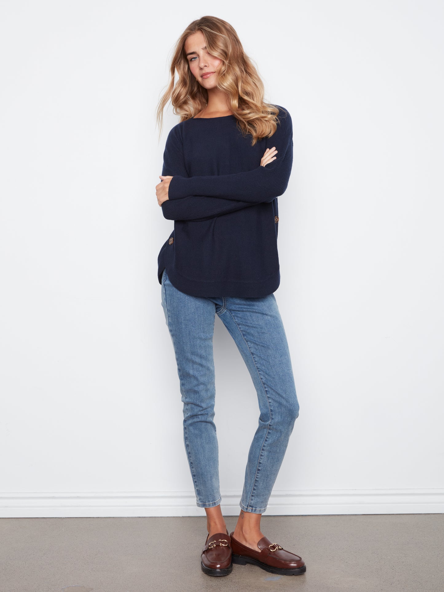 Boat Neck Sweater with Side Buttons - Navy