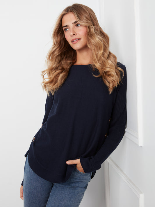 Boat Neck Sweater with Side Buttons - Navy