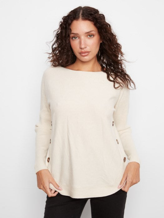 Boat Neck Sweater with Side Buttons - Heather Natural