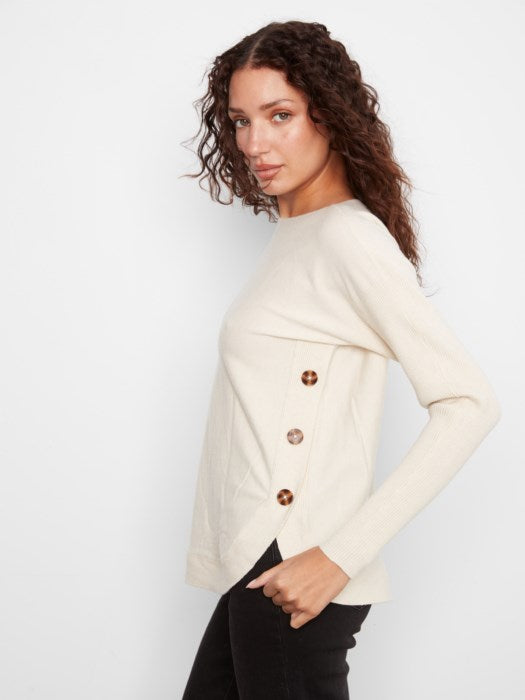 Boat Neck Sweater with Side Buttons - Heather Natural