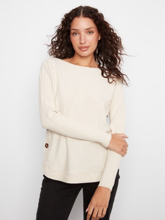Boat Neck Sweater with Side Buttons - Heather Natural