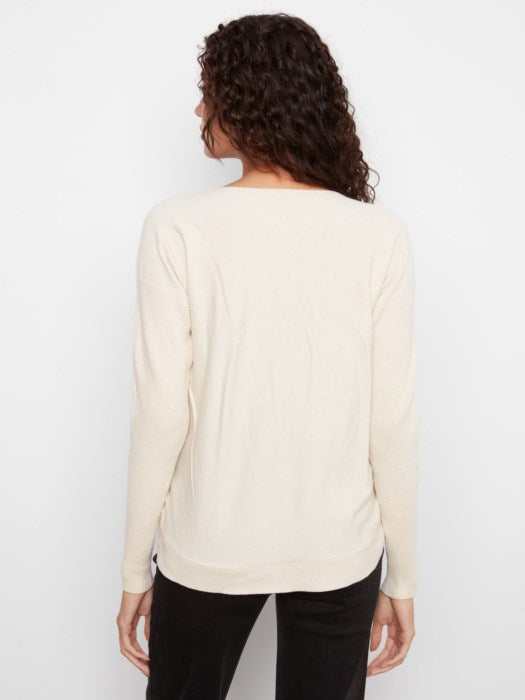 Boat Neck Sweater with Side Buttons - Heather Natural