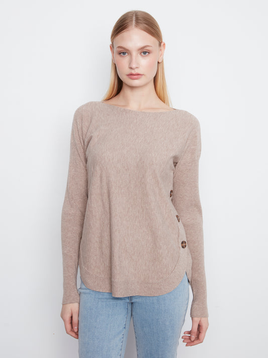 Boat Neck Sweater with Side Buttons - Heather Taupe