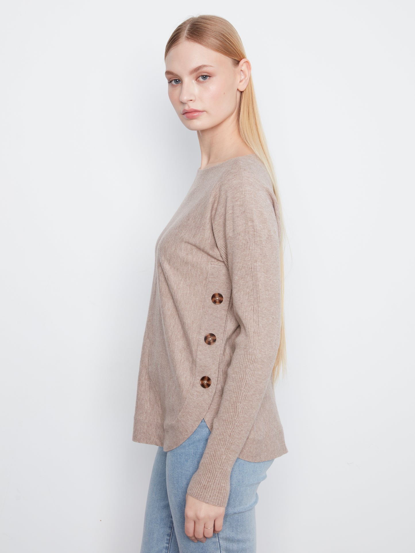 Boat Neck Sweater with Side Buttons - Heather Taupe