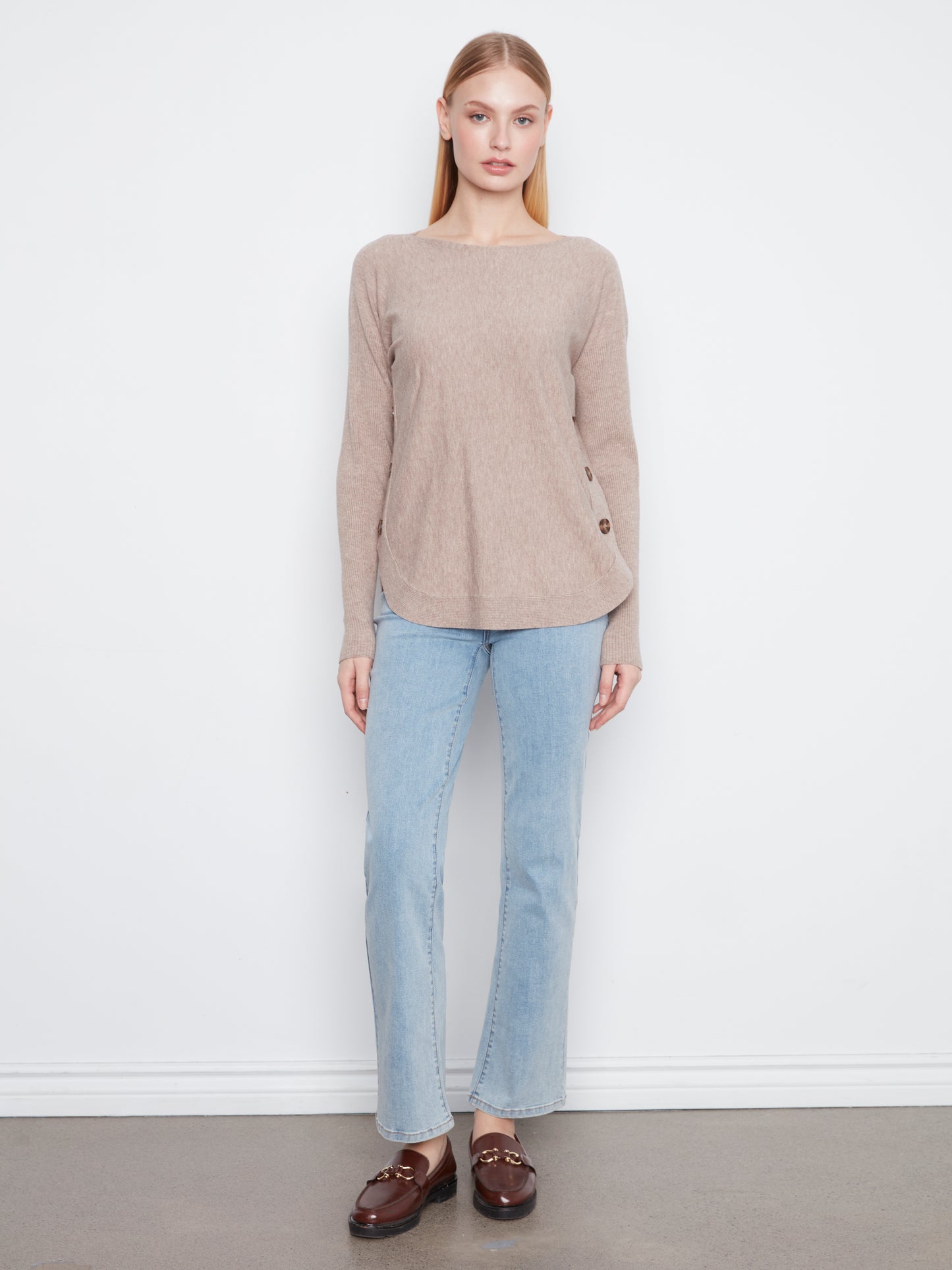 Boat Neck Sweater with Side Buttons - Heather Taupe