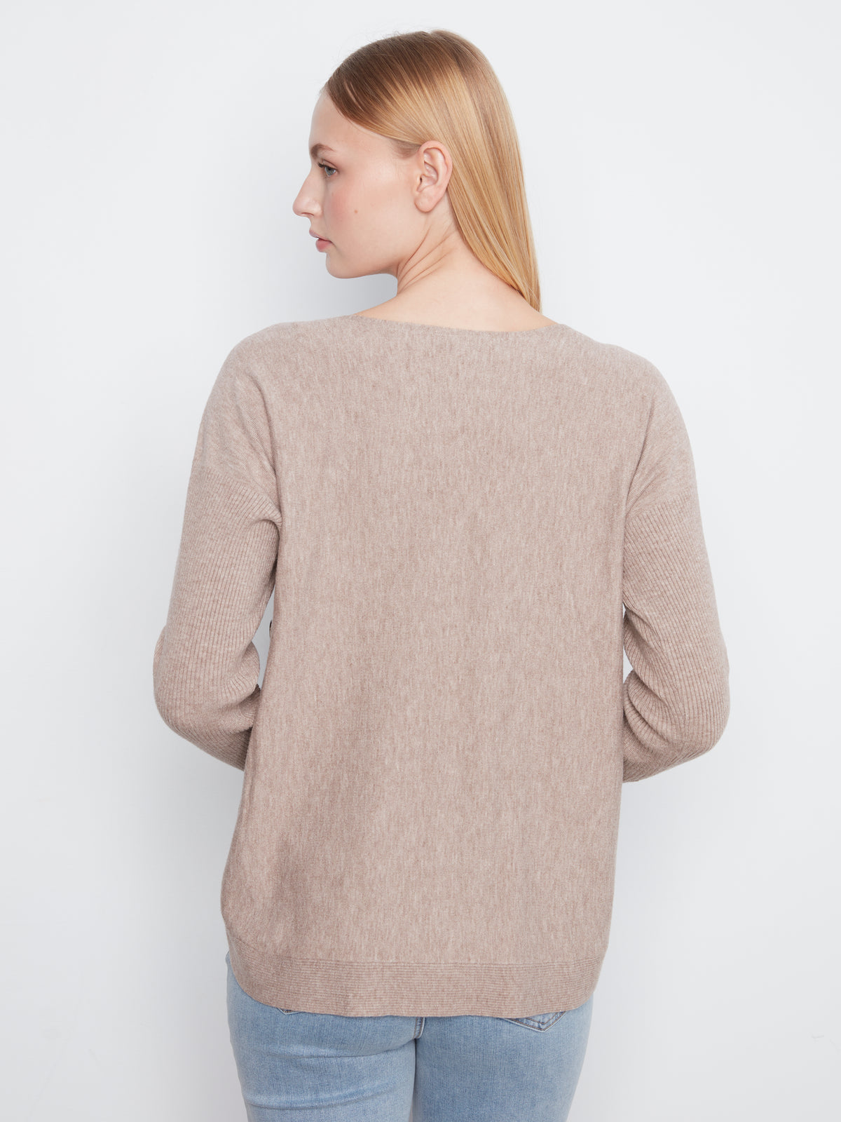 Boat Neck Sweater with Side Buttons - Heather Taupe