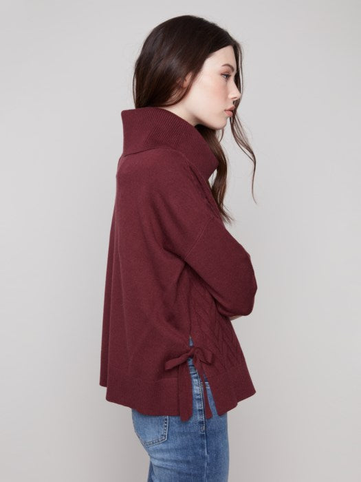 Cowl Neck Sweater w/Side Slit and Tie Details