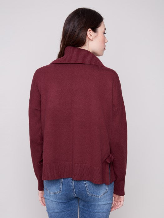 Cowl Neck Sweater w/Side Slit and Tie Details