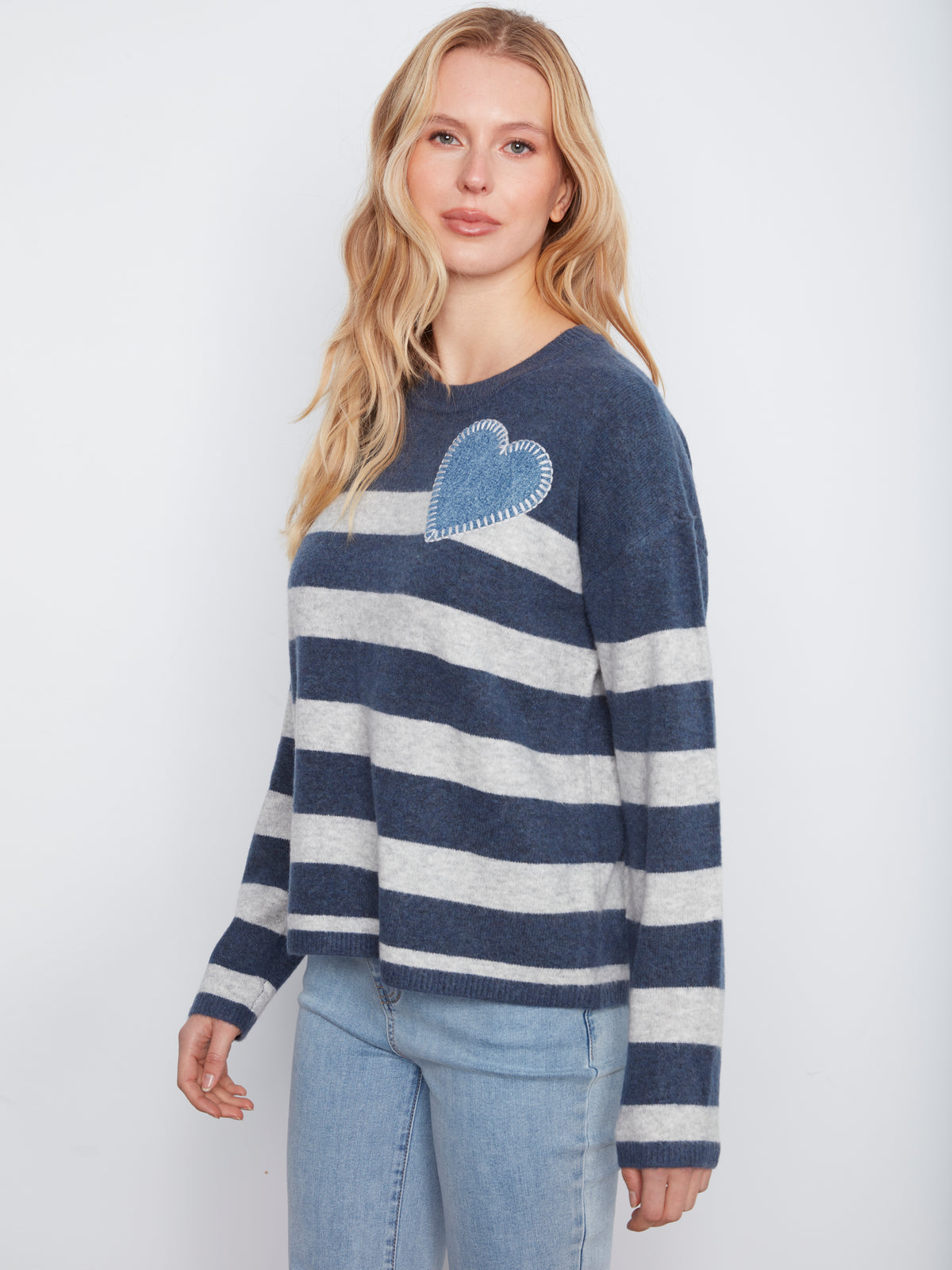 Drop Shoulder Striped Crew Neck with Denim Heart
