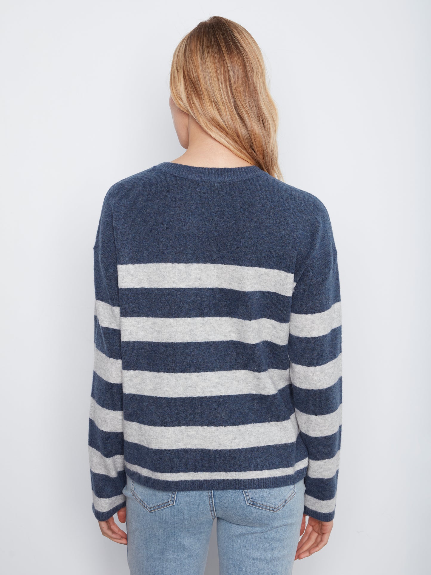 Drop Shoulder Striped Crew Neck with Denim Heart