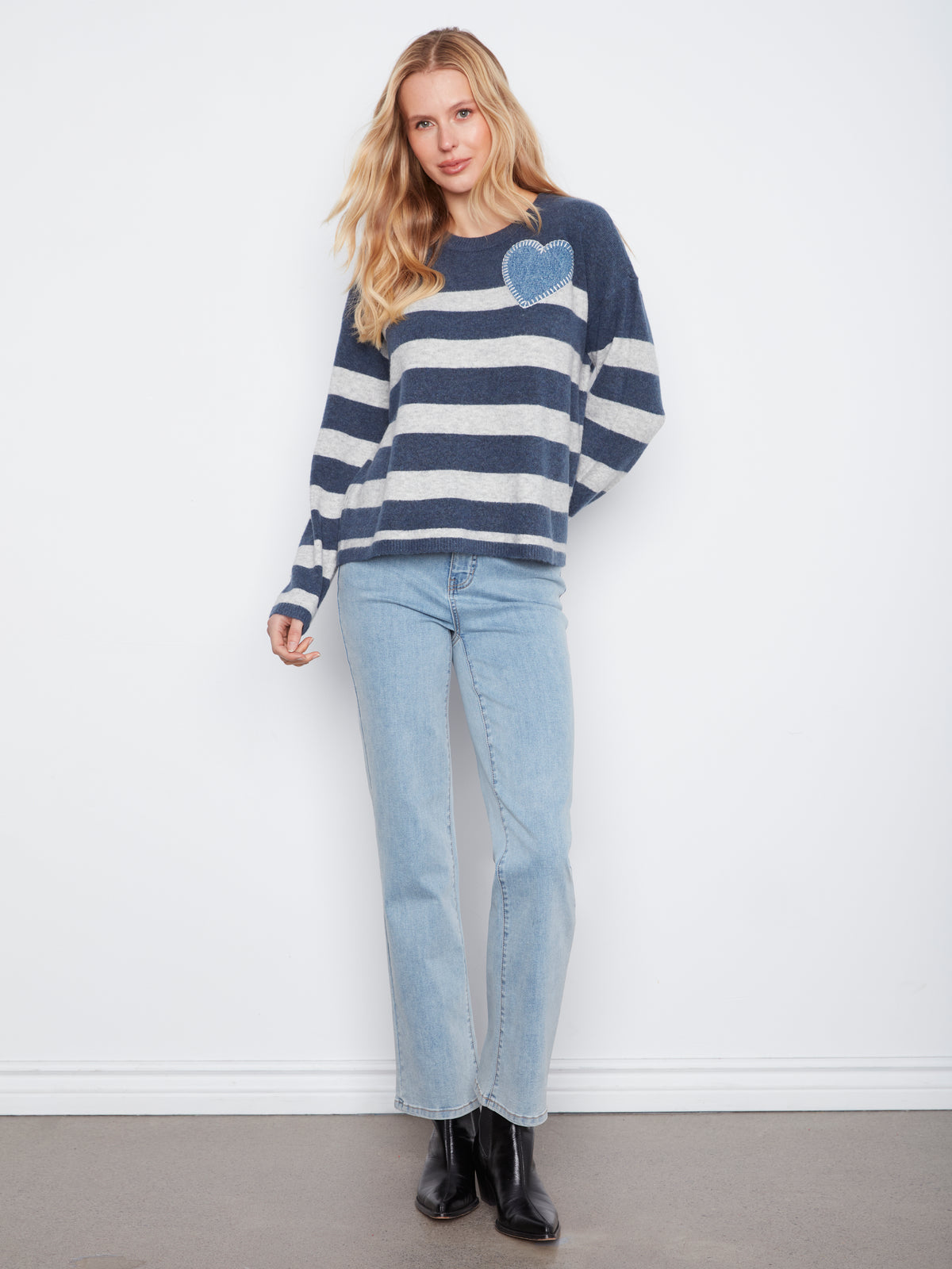 Drop Shoulder Striped Crew Neck with Denim Heart