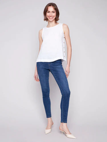 Sleeveless Linen Top with Side Buttons - White