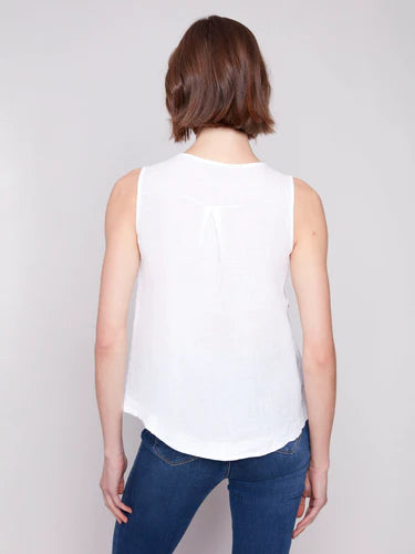 Sleeveless Linen Top with Side Buttons - White