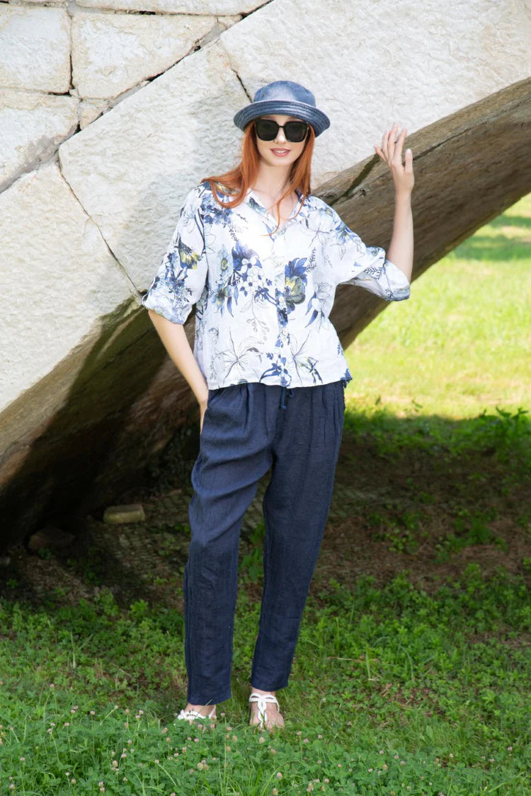 Linen Drawstring Pants with Pockets - Navy
