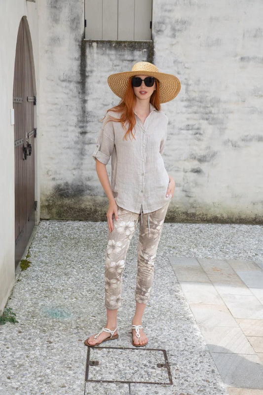 Linen Button-Front Shirt with Roll-Tab Sleeves - Beige