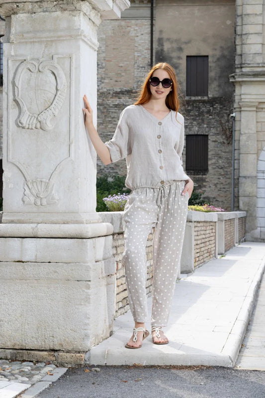 Polka Dot Linen Slim Pant