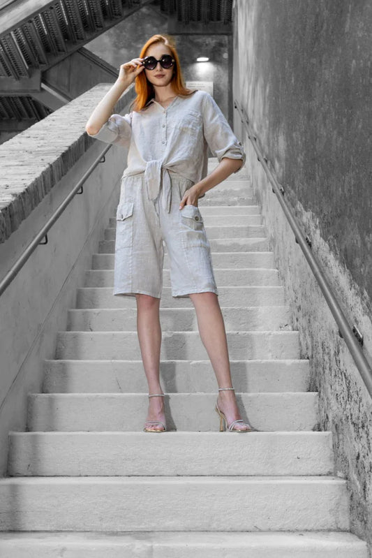 Linen Cargo Shorts with Drawstring Waist - Beige