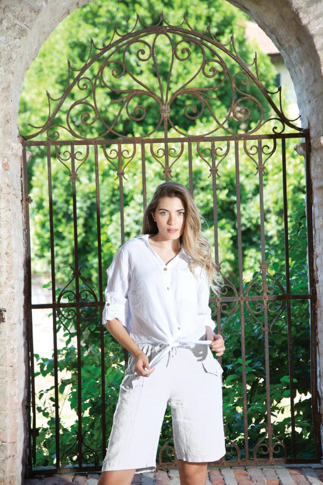 Linen Button-Front Top with Tie Waist - White