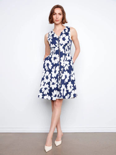 Cotton Voile Printed Front Zip Knee Length Dress