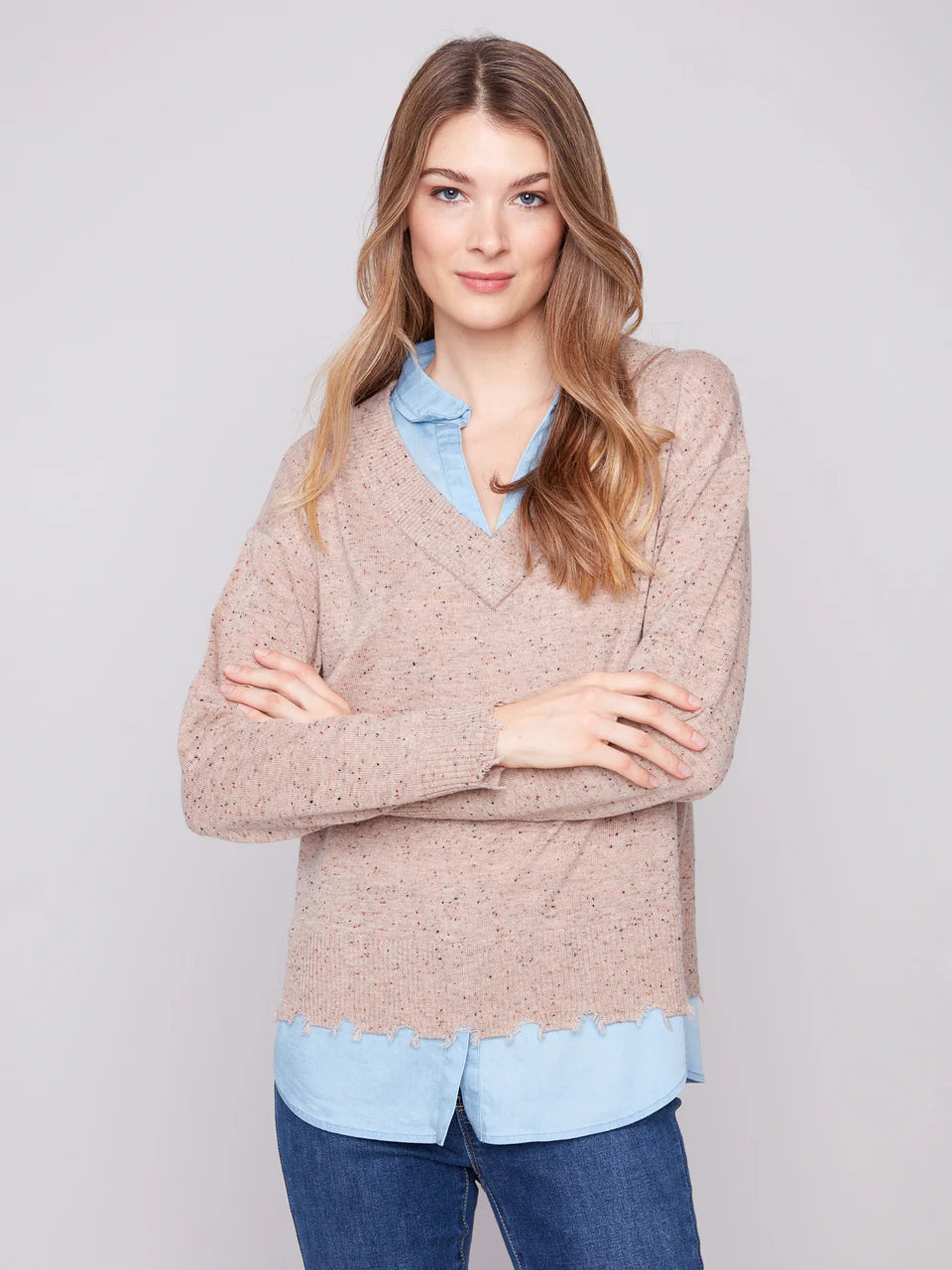 V-Neck Fooler Nep Yarn Sweater w/Tencel Combo