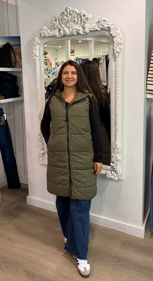 Long Puffer Vest - Olive Night