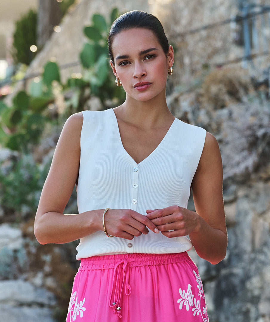 Knit Sleeveless Top with Fake Placket