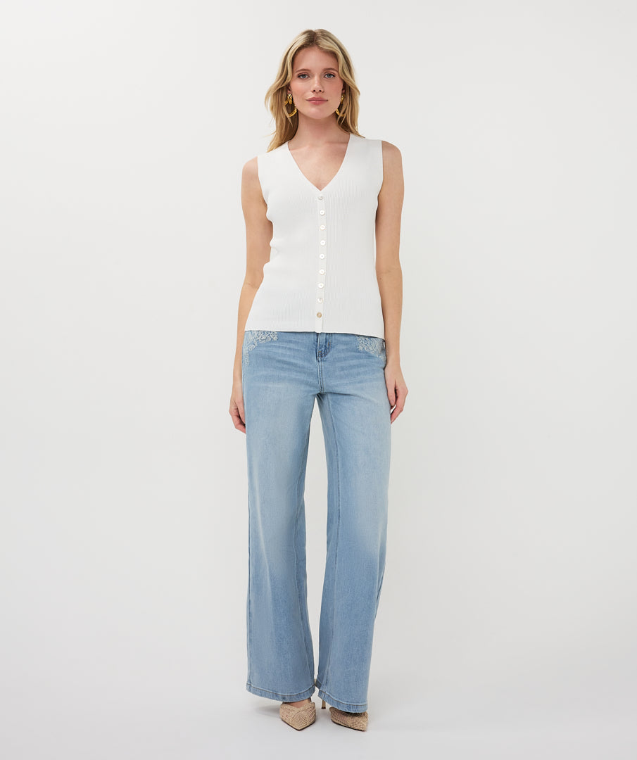 Knit Sleeveless Top with Fake Placket