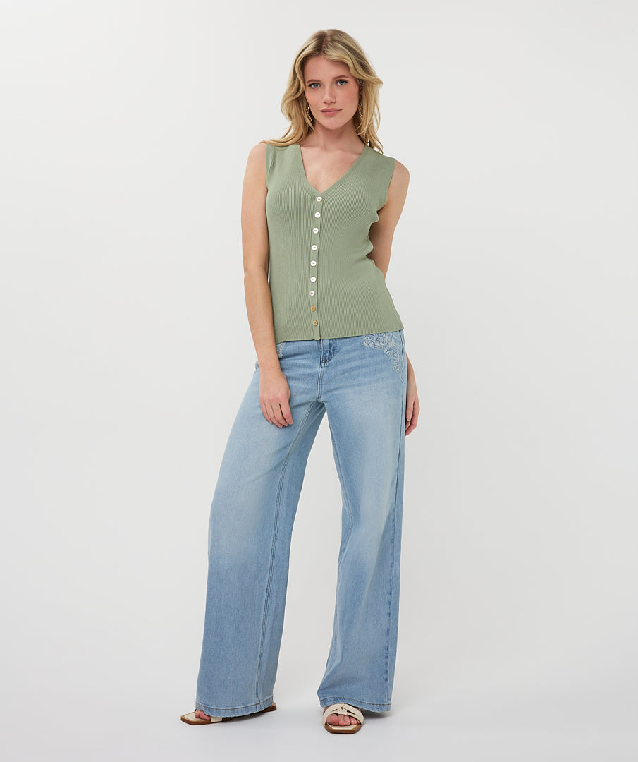 Knit Sleeveless Top with Fake Placket