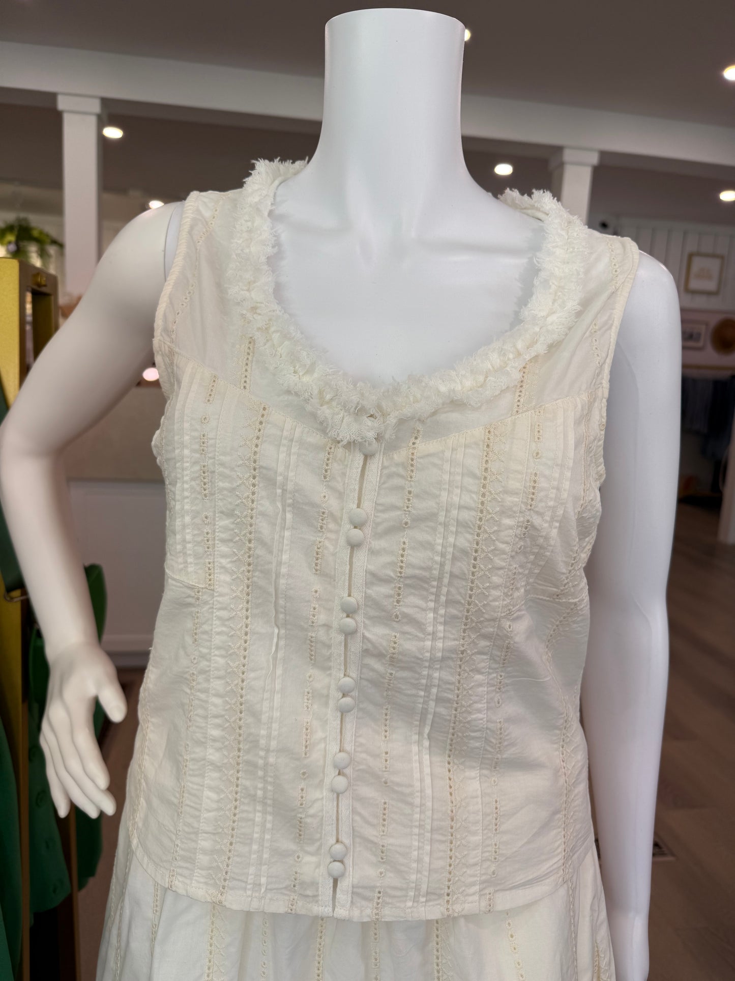 Sleeveless Pintucked Top with Ruffles
