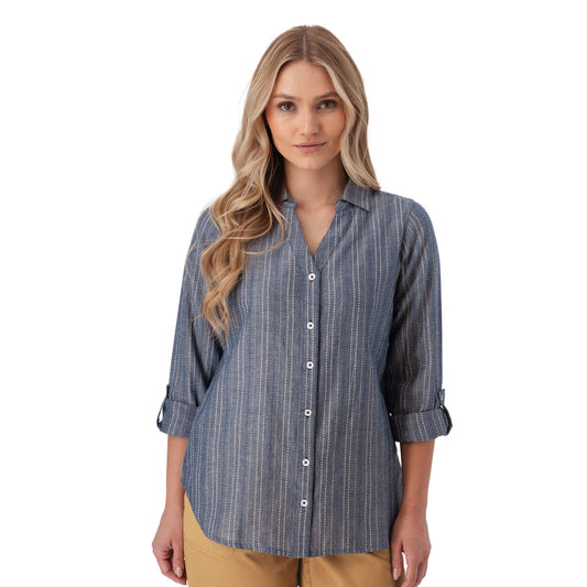 Plumas Y-Neck Shirt - Navy White Stripe