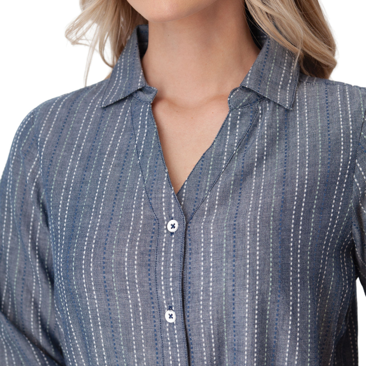 Plumas Y-Neck Shirt - Navy White Stripe
