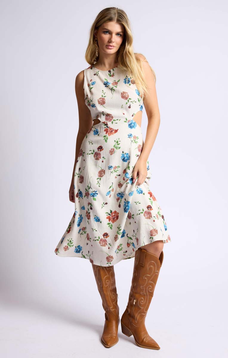 Pressed Flowers Side Cutout Midi Dress