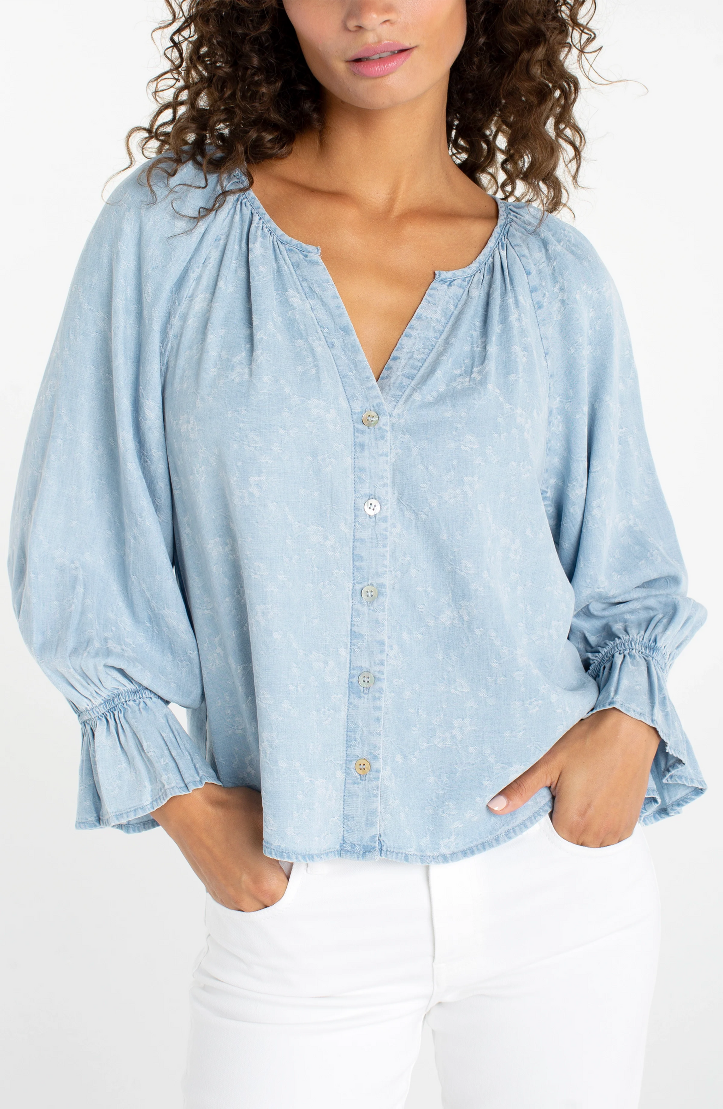 3/4 Sleeve Shirred Woven Top