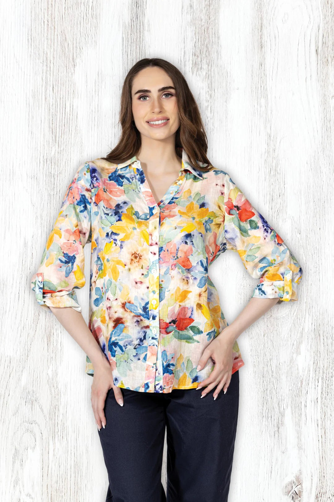 Watercolor Floral Print Linen Blouse
