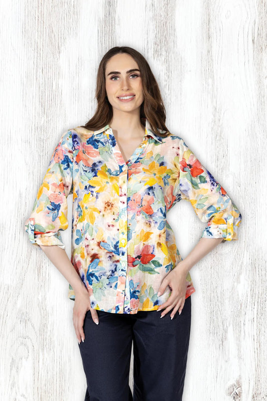 Watercolor Floral Print Linen Blouse