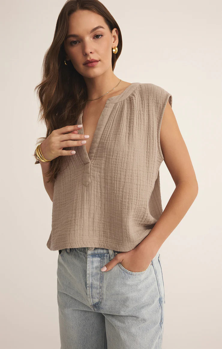 Cliffside V-Neck Airy Top - Iced Coffee