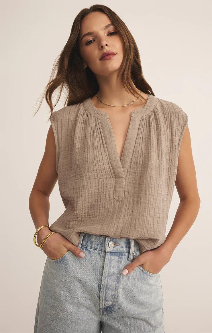Cliffside V-Neck Airy Top - Iced Coffee