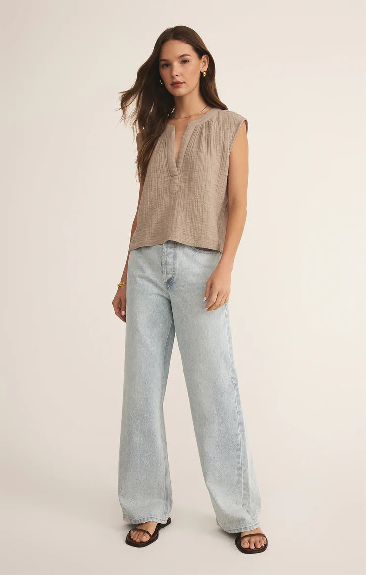 Cliffside V-Neck Airy Top - Iced Coffee