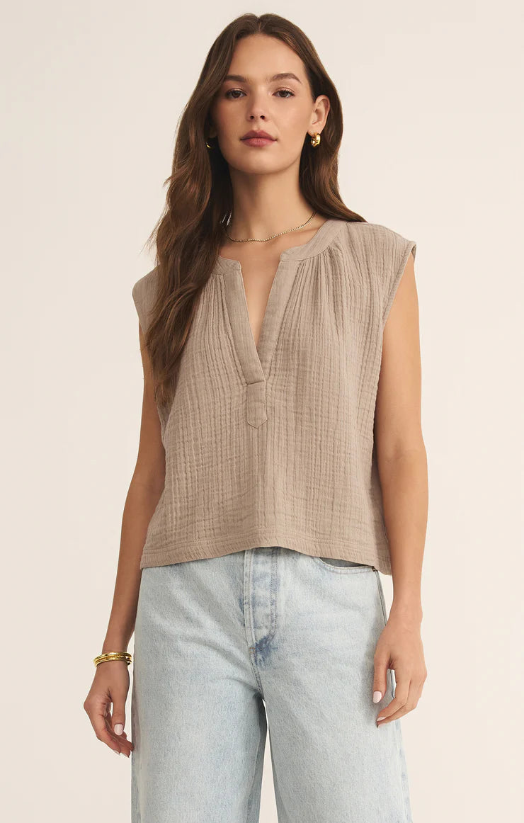 Cliffside V-Neck Airy Top - Iced Coffee