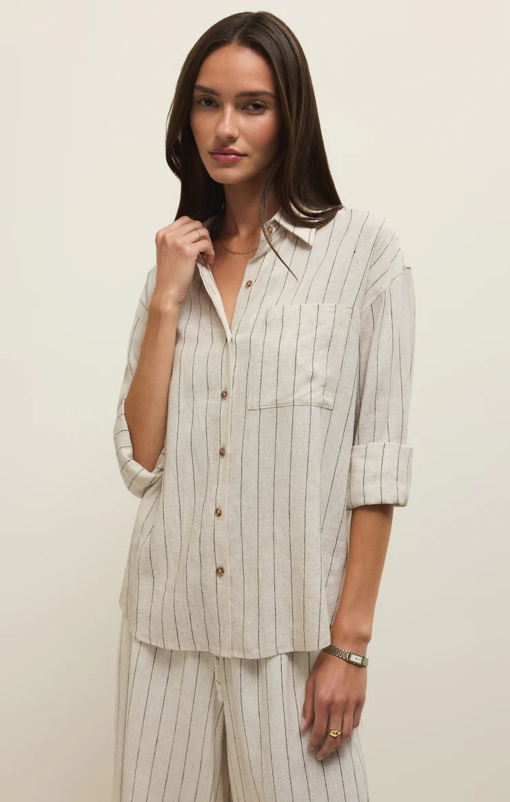 Alfie Striped Button Up Top - Linen