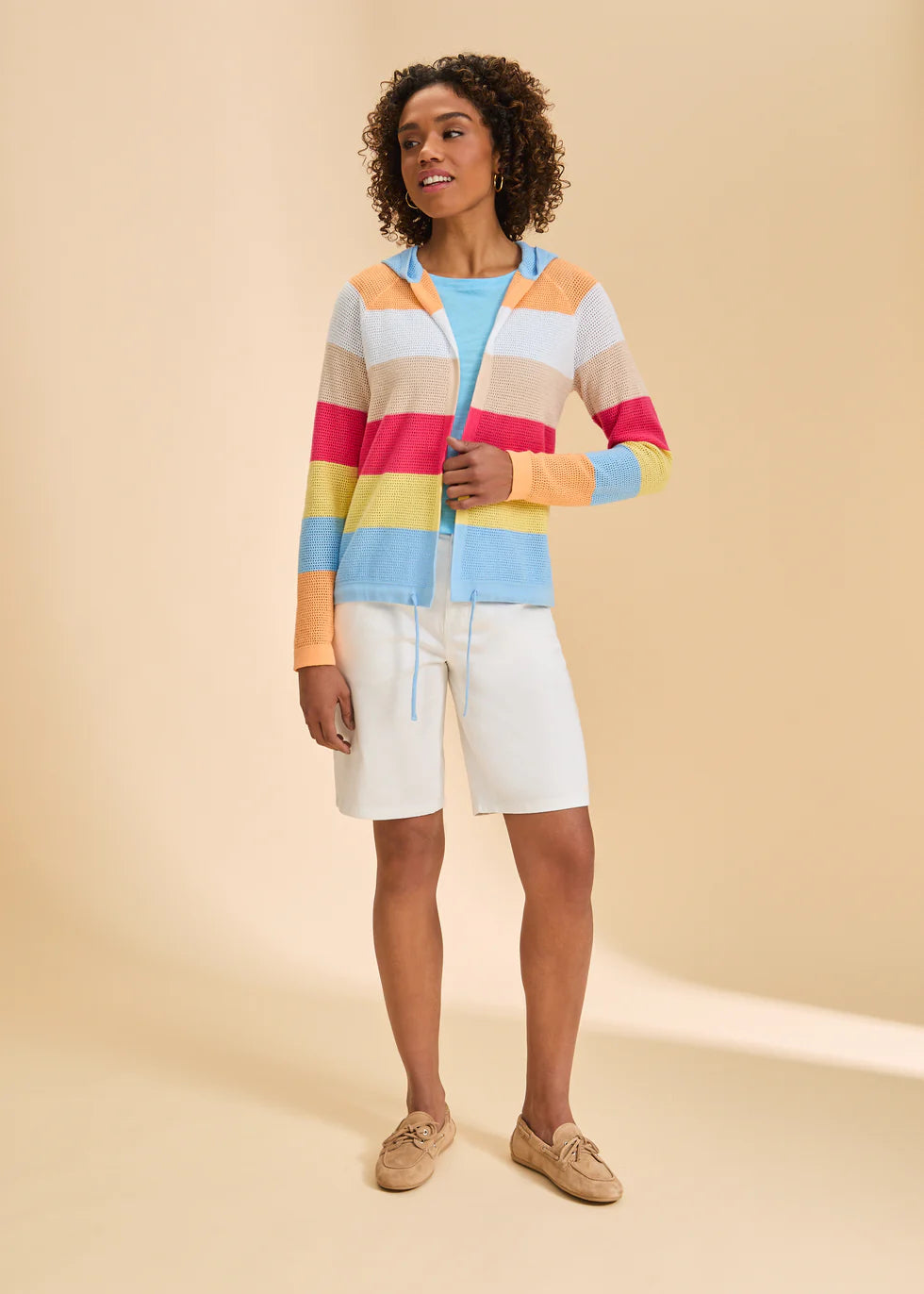 Striped Pointelle Hooded Cardigan