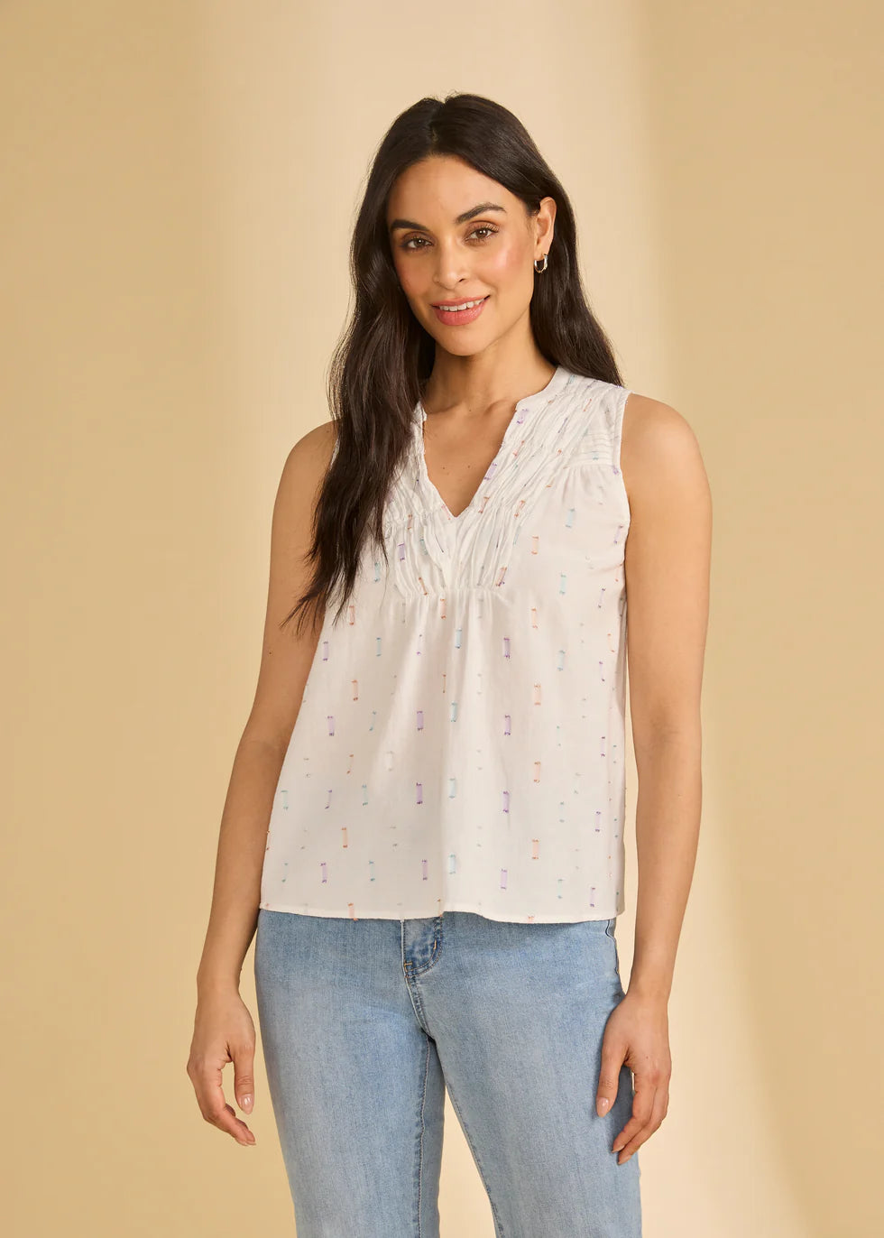 Sleeveless V-Neck Blouse, White Sparkle