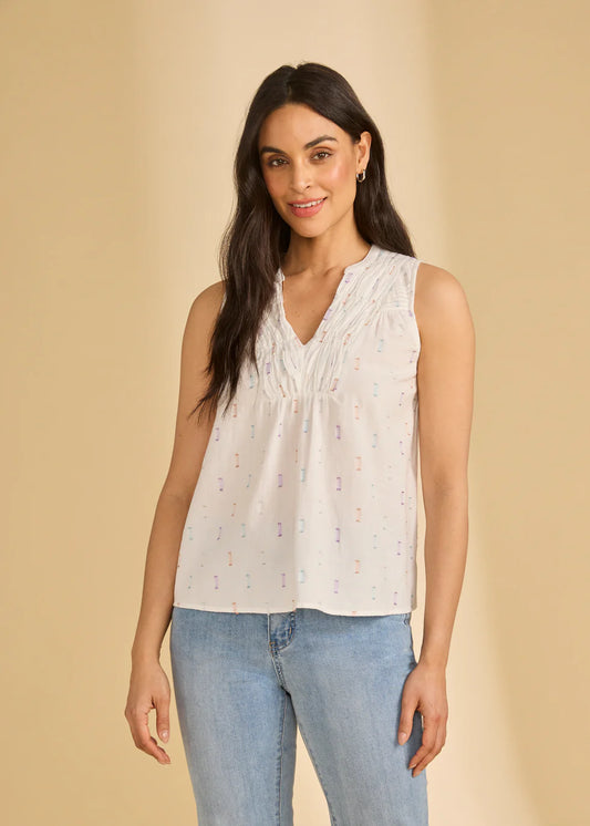 Sleeveless V-Neck Blouse, White Sparkle