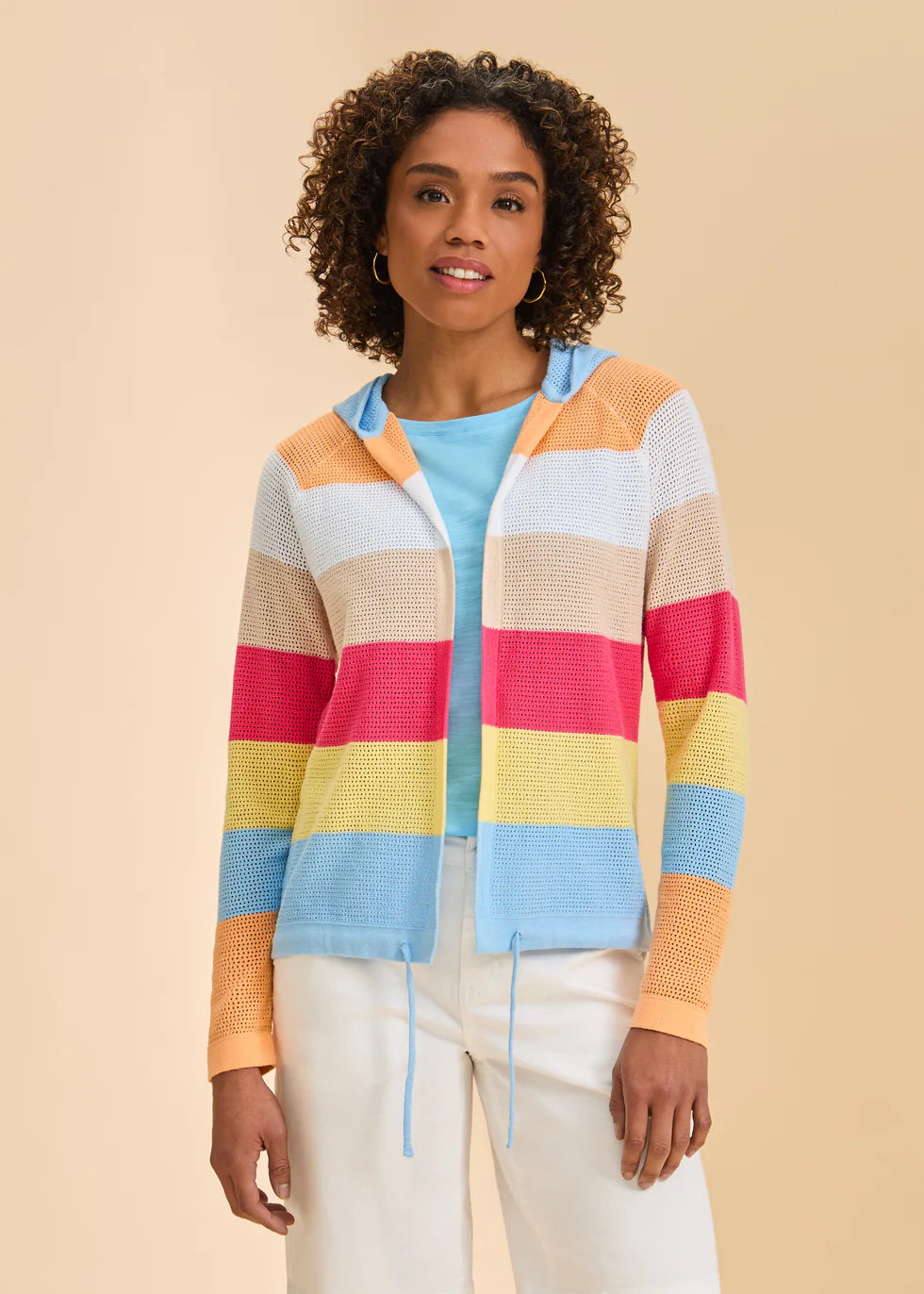 Striped Pointelle Hooded Cardigan