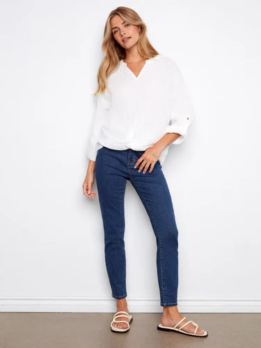 Bubble Cotton Blouse With Front Twist - White