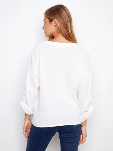 Bubble Cotton Blouse With Front Twist - White